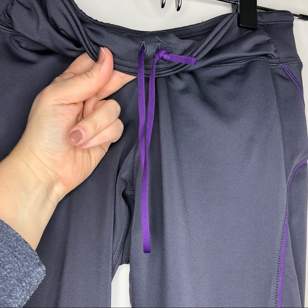ATHLETA quick step capri leggings gray with purple cord. Front waist oveโฆ - Picture 6 of 11